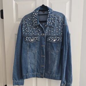 Women's Blue Jean Jacket with Pearl Accents